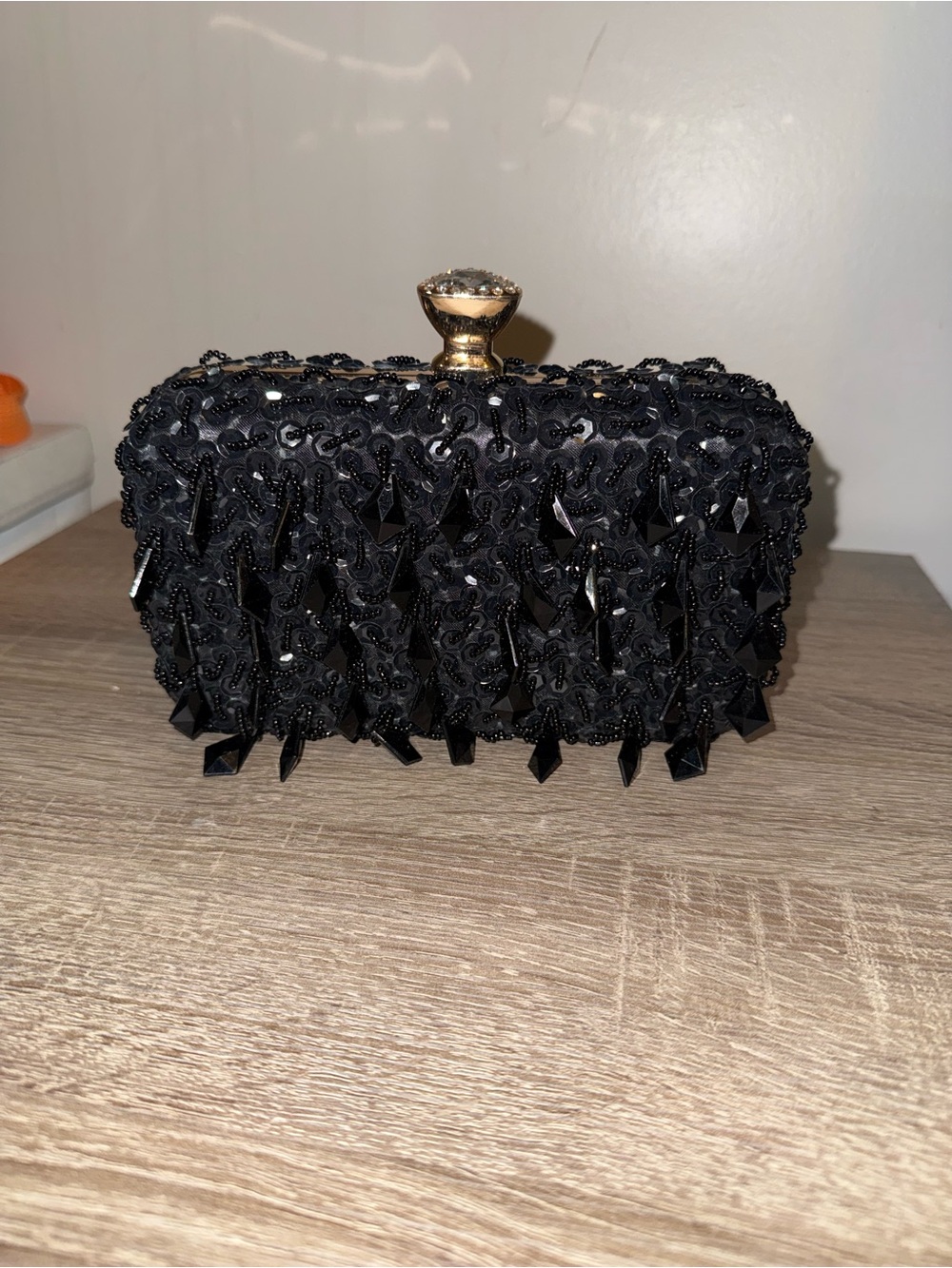 Black Beaded Evening Clutch with Gold Knob